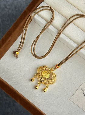 沙金仿真金新中式花丝如意福金钱铃铛锁项链复古高颜值毛衣链配饰