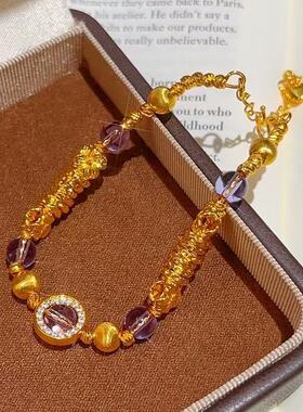 香港纪梵哲金店同款古法沙金饰品紫色星辰拉丝猫眼盘缠手链仿真金