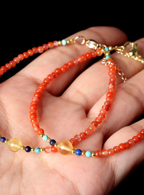 天然南红纤细小米珠手链搭配蜜蜡青金石绿松石2mm-3mm细款小手链