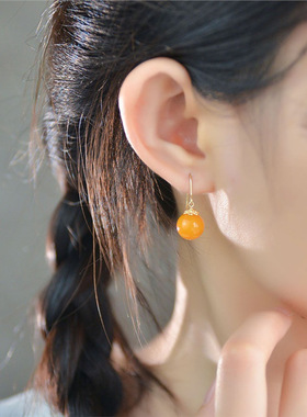 杏露蜜蜡耳钩玉石耳环耳坠女国风耳饰琥珀复古小众黄色耳夹