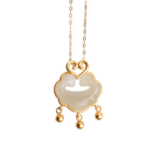 S925 silver inlaid natural Hetian jade pendant Ruyi lock longevity lock jewelry necklace high-end gift for wife