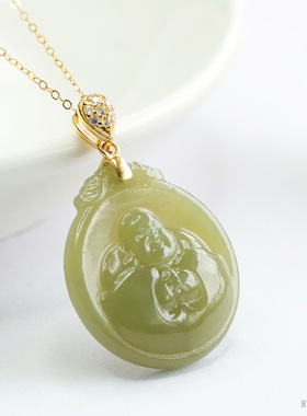 S925银镶天然和田玉佛吊坠晴水抱抱佛项链国风高级感平安符原创