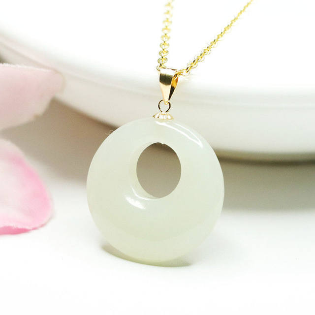 18K gold set with natural Hetian jade pendant white jade princess buckle safety buckle necklace jade gift jewelry high-end