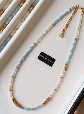 新中式天然海蓝宝天河石串珠白水晶项链女新款夏季彩色锁骨链颈链