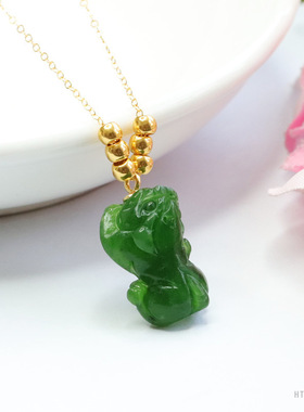 S925银镶天然和田玉吊坠18k金珠碧玉貔貅毛衣链送女友礼物绿玉髓