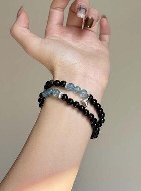 简约设计纯天然黑曜石手串女款海蓝宝补水招财水晶手链送闺蜜礼物
