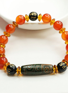 天珠手串红玛瑙六字真言玉髓手链六合手链天然桶珠天然红玛瑙