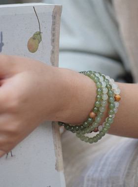 和田玉青玉渐变色手链6mm单多圈青白玉佛珠 清水绿DIY女款小清新