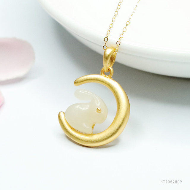 S925 Silver Inlaid Natural Hetian Jade White Jade Pendant Jade Rabbit Moon Necklace Jade Rabbit Rabbit Clavicle Chain Birthday Gift