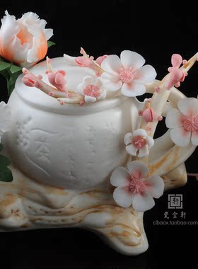 陶瓷手工瓷花工艺茶壶摆件茶所会所家居茶空间礼品德化白瓷摆件