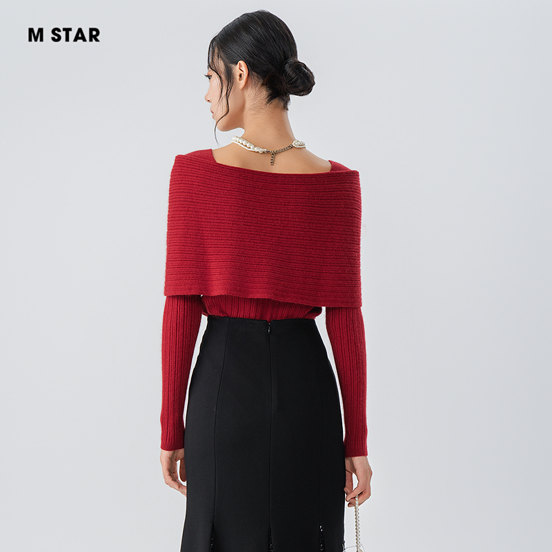 M STAR冬季新款套头毛织上衣长袖羊毛保暖日常休闲红色打底女士 - 图1