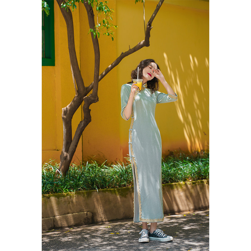雯卿长袖绿色旗袍秋季民国连衣裙 雯卿旗袍