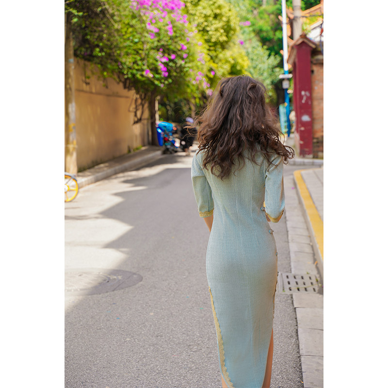 雯卿长袖绿色旗袍秋季民国连衣裙 雯卿旗袍