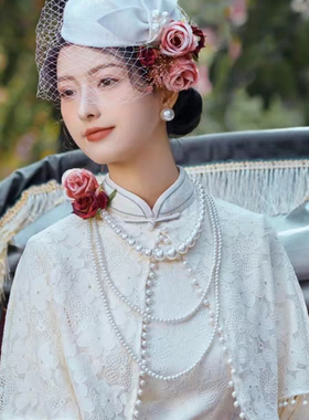 多层珍珠项链配旗袍配饰品女士三层锁骨链中长款复古拍照项圈1551