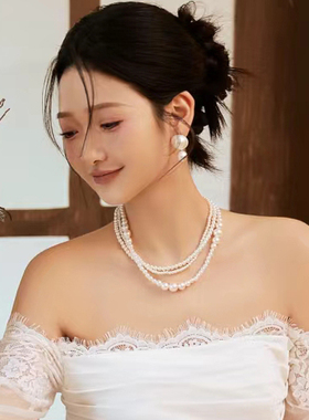 多层珍珠项链颈链女士法式复古新娘拍照锁骨链子缠绕毛衣链子236
