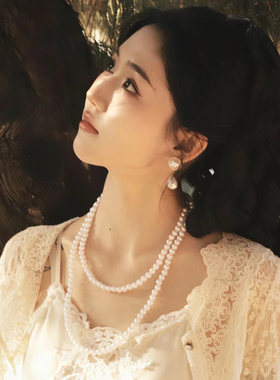 双层珍珠项链女款多层叠戴锁骨链中长款颈链毛衣链项圈choker197