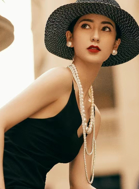 多层叠戴大珍珠项链中长款三层颈链女士法式摄影拍照饰品项圈218