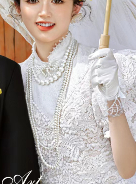 多层珍珠项链配旗袍颈链中长款颈链拍照配饰品叠戴锁骨链女士113