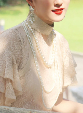 2025新款搭配旗袍珍珠项链中长款女款夏季三层叠戴毛衣链项圈2065