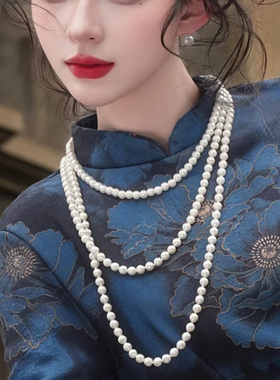 搭配旗袍人造珍珠中长毛衣链