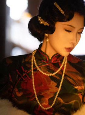 双层叠戴珍珠毛衣链子配旗袍项链