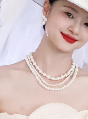 人造珍珠项链女士三层颈链锁骨链新娘婚纱礼服饰品多层毛衣链208