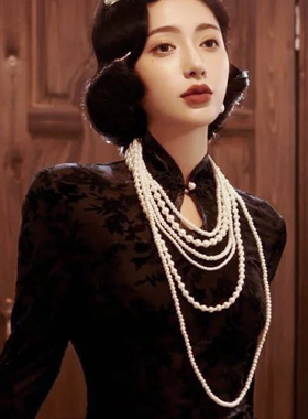 白色多层珍珠项链配旗袍配饰品