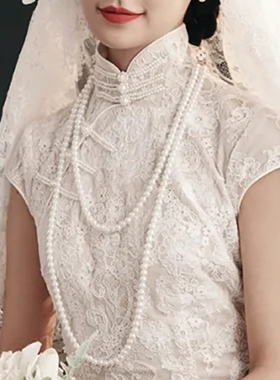 夏季搭配旗袍珍珠项链新娘配饰品双层项饰中长款毛衣链子女士697