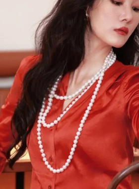 三层珍珠项链女士中长款毛衣链配旗袍裙子颈链多圈叠戴锁骨链498