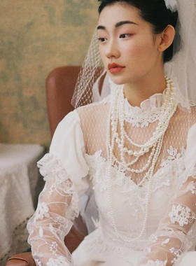 新款多层珍珠叠戴毛衣锁骨链女