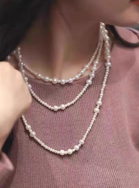 双层人造珍珠项链女士多层叠戴小香风毛衣链中长款颈链锁骨链304