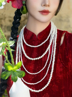 新款多层珍珠项链配旗袍配饰品中长款毛衣链多圈锁骨链子女士328