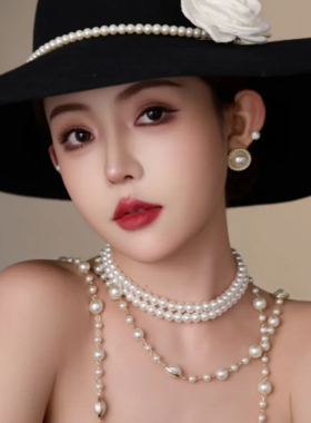 多层珍珠项链法式复古配饰品双层颈链女士赫本风毛衣链子短款609