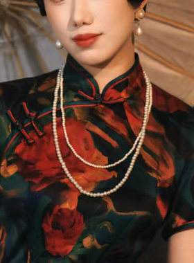 搭配旗袍珍珠项链配饰品双层叠戴毛衣链子中长款女士百搭项圈336