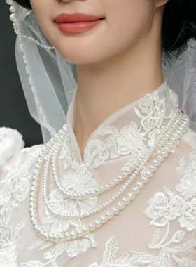 多层珍珠项链结婚配婚纱礼服颈链女士拍照饰品多圈叠戴锁骨链525