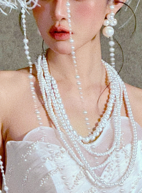 法式复古多层珍珠毛衣链女士