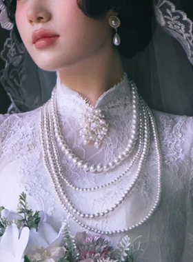 中长款多层珍珠项链女士夏季颈饰旗袍配饰品叠戴锁骨链毛衣链321