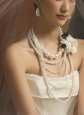 五层珍珠项链配婚纱礼服颈链女锁骨链中长款复古饰品拍照饰品521