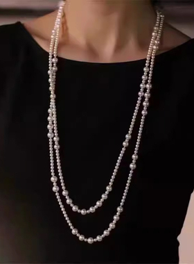 人造珍珠项链女士秋冬季多层毛衣链中长款颈链双层叠戴锁骨链304
