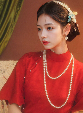 搭配旗袍珍珠项链女士中长款多层叠戴锁骨链子颈链百搭配饰品213