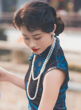搭配旗袍珍珠项链多层叠戴款中长款毛衣链女士多圈锁骨链颈链389