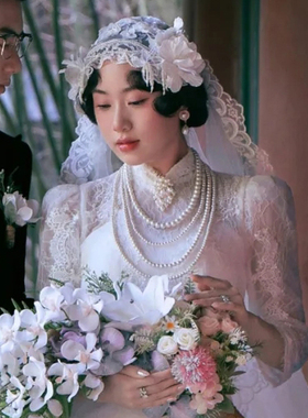 新款搭配旗袍珍珠项链女士夏季中长款四层叠戴锁骨链子毛衣链321