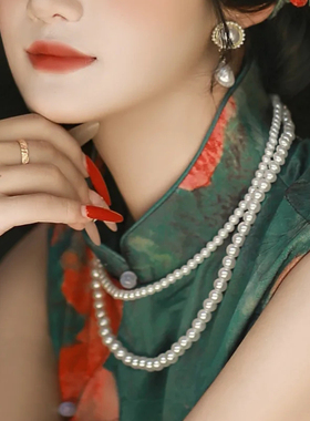 搭配旗袍珍珠项链新中式饰品颈链女双层叠戴锁骨链多层毛衣链552