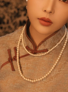 2025新款搭配旗袍珍珠项链双层颈链中长款锁骨链子女士毛衣链468