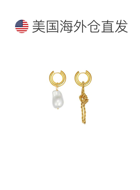 自营classicharms独特的不对称金绳链巴洛克珍珠吊式耳环 - 金色