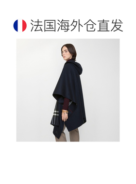 自营欧洲直邮Burberry博柏利 女士墨蓝色羊绒格纹连帽斗篷