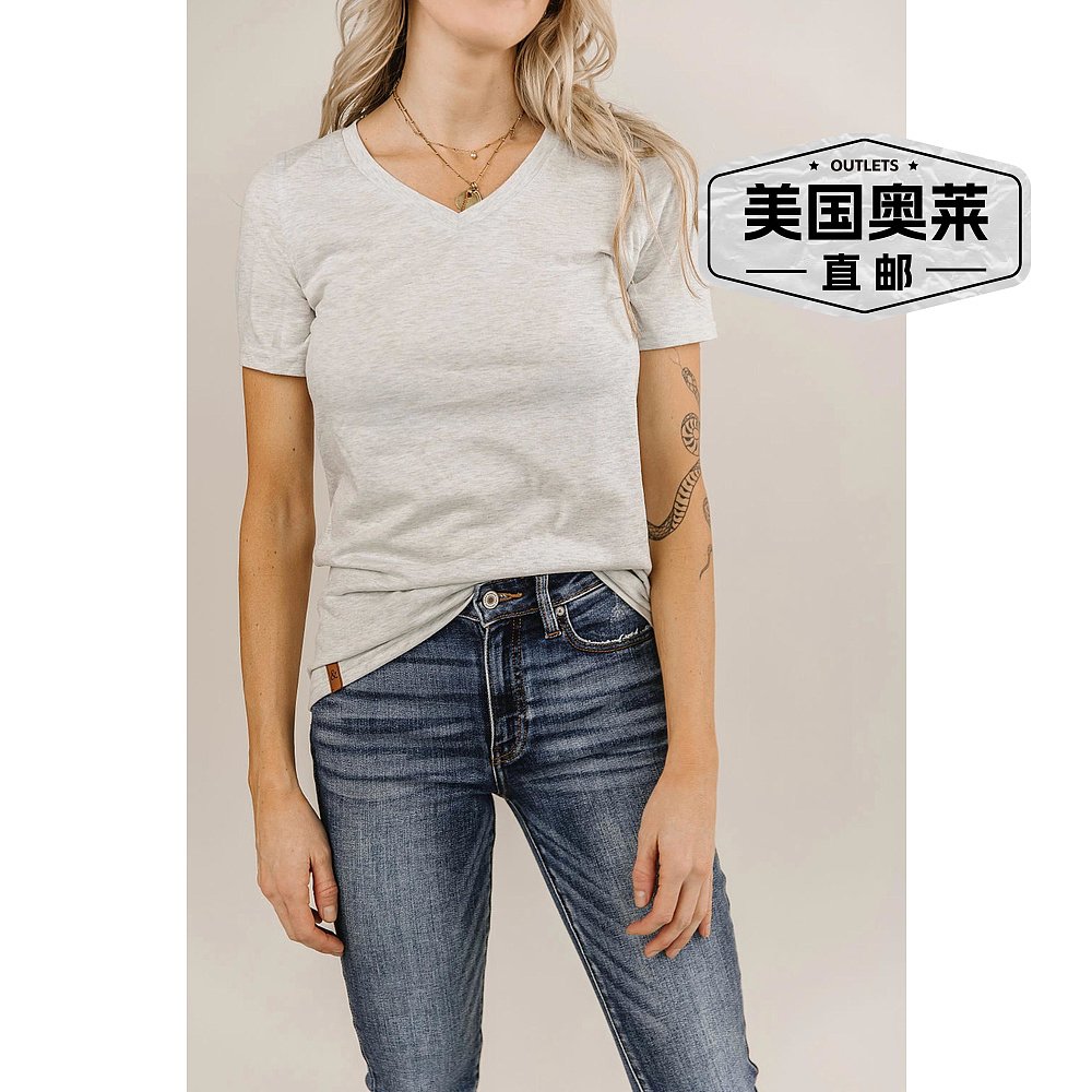 自营 ampersandV-Neck Lulu Short Sleeve Top In Heather Grey - - 图0
