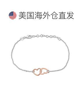 自营玫瑰和纯银 Mimi & Max 双玫瑰心形吊饰手链 - 7+1 英寸 - 粉