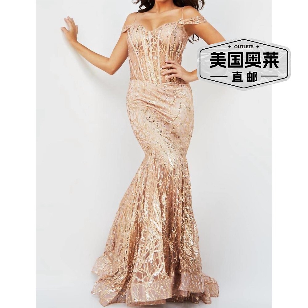 jovaniEmbellished Off The Shoulder Prom Dress In Rose/gold r-图0