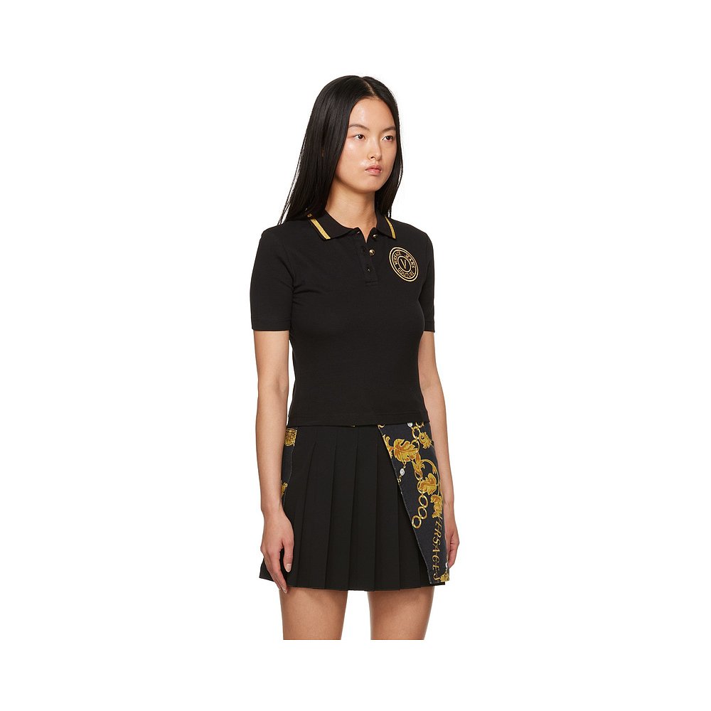 香港直邮潮奢 Versace Jeans 范思哲 女士黑色 V-Emblem Polo 衫 - 图0